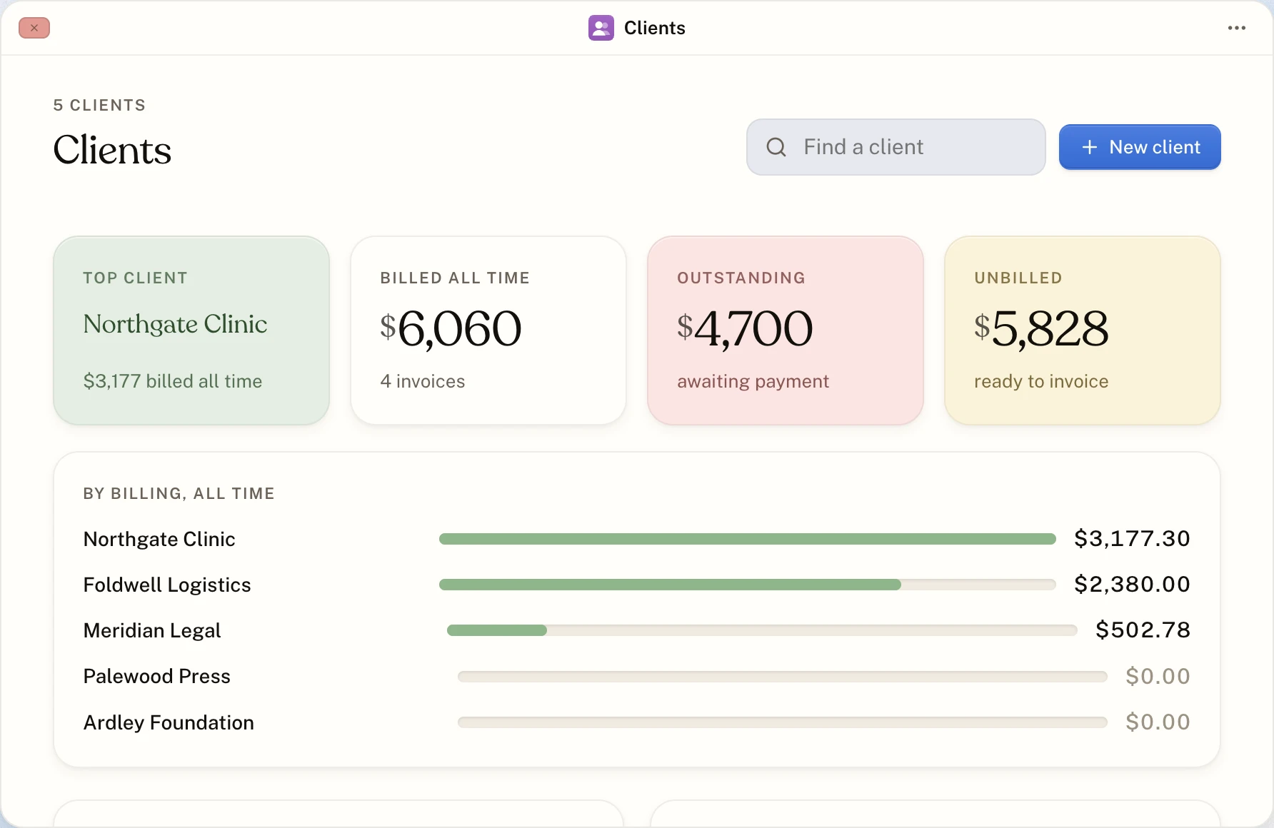 The Clients window listing clients with their projects and amounts