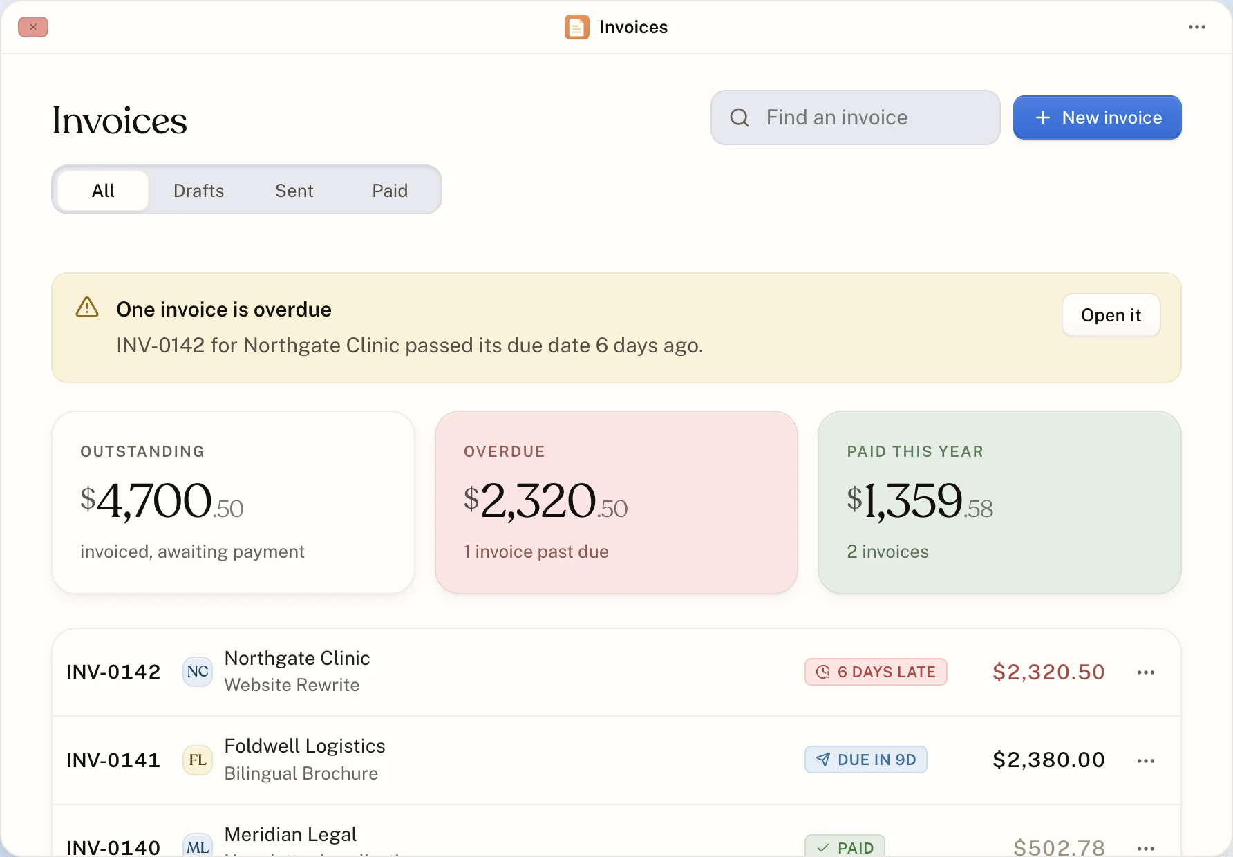 The Invoices window with outstanding, overdue and paid totals and a list of invoices