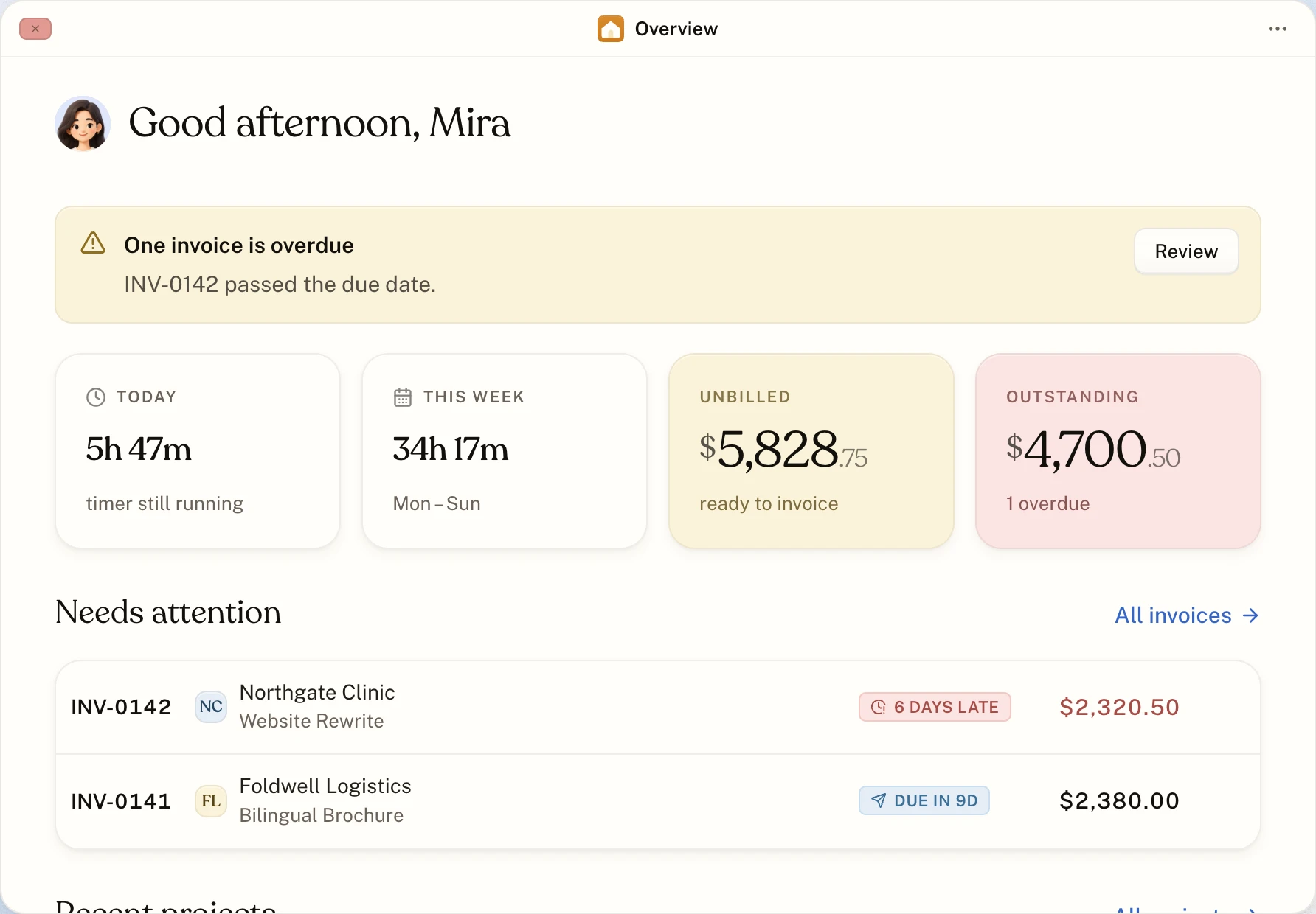 The Overview window with today, this week, unbilled and outstanding